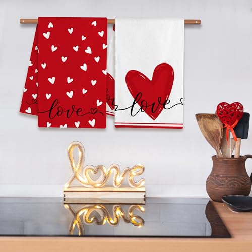 Image of FUTBU Valentines Day Kitchen Towels Set of 2, Red Heart Love Dish Towels 18x26 Inch Drying Dishcloth,Valentine Day Decorations for Home Housewarming Gifts Bathroom