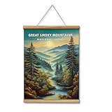 Vintage Great Smoky Mountains National Park Wall Scroll 12x16 Canvas Poster with Wood Bars Rope Hanger, Rustic Nature Mountain Forest Hanging Wall Art, Retro Landscape Print Cabin Home Decor