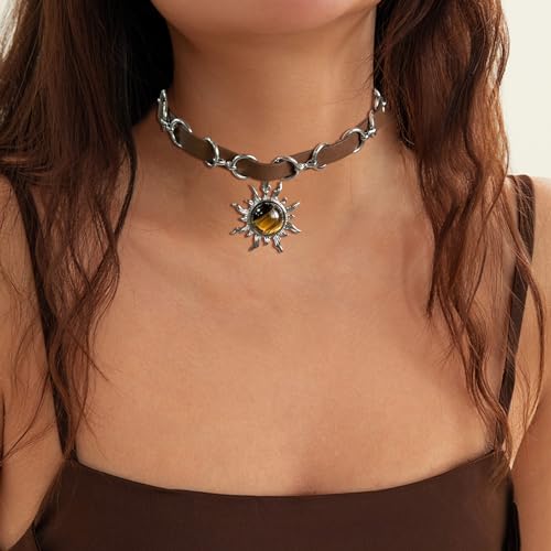 Tiger Eye Necklace, Sun Pendant Necklace with Adjustable Brown Leather Choker Necklace for Women, Goth Necklace, Grunge Hippie Jewelry Gift3