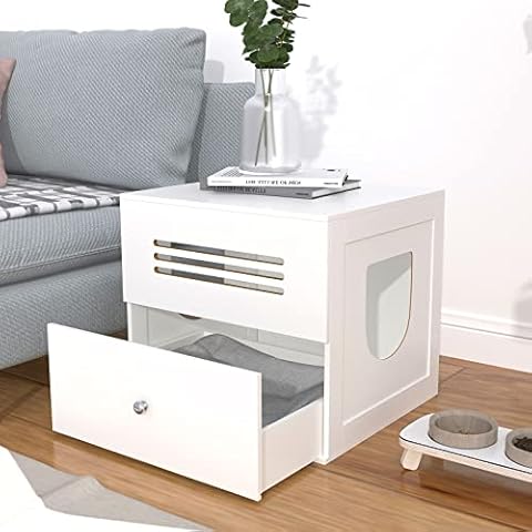 Hironpal Cat Litter Box Enclosure, Wooden White Cat House with Curved Edges Holes for Small Kitty Use Nightstand For Living Room, Bedroom, Hallway (White Litter Box Enclosure) Cover