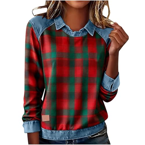 Juebong Trendy Long Sleeve Shirts for Women Denim Collar Patchwork Stitching Sweatshirt Casual Christmas Pullover Womens Tops Dressy Fashion 2025 Clothing with Jean Accents Sweatshirts Plaid