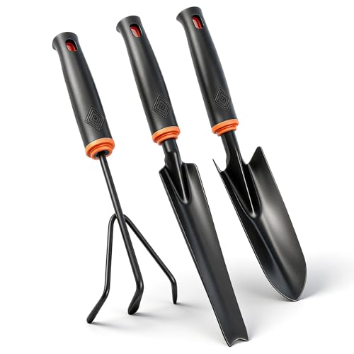 msymsyu Gartenwerkzeug Set 3 Stück Schwarzer Schmaler Gartenschaufel (32 x 6 cm) Pflanzschaufel (34 x 3.7 cm) und Dreizinkige Harke (30 x 10 x 3.5cm) zum Umpflanzen von Setzlingen und Auflockern