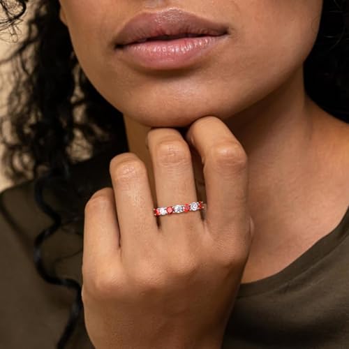 925 Sterling Silver Birthstone Rings for Women Created Gemstone Half Eternity Band 7 Stone Cubic Zirconia Wedding Band Birthstone Jewelry Size 6-102