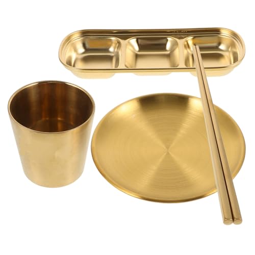 BRIGHTFUFU 1 Set Bbq Cutlery Set Bbq Chopsticks Compartment Sauce Plate Sauce Containers Seasoning Dipping Tray Flavor Bowls Dipping Bowl Appetizer Dish Flavor Dish Cup Golden Stainless Steel