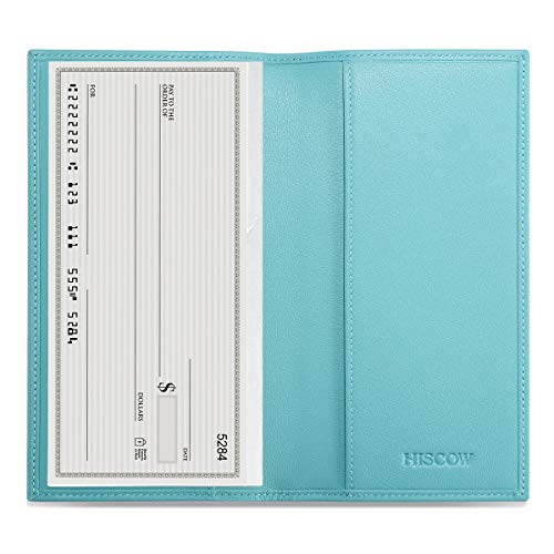 Image of HISCOW Slim Leather Checkbook Cover for Personal Checks, Premium Teal, One Size | Full grain cowhide, transaction register & check book pockets, removable duplicate divider, durable stitching, gifts for men
