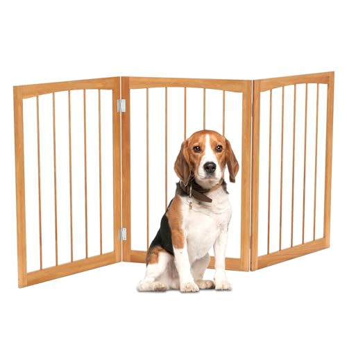COSTWAY Barra para Perros Plegables, Barrera de Seguridad para Interiores, Separador de Habitaciones de 3 Paneles Plegable y Autoportante para Mascotas Pequeños y Medianos (Natural)
