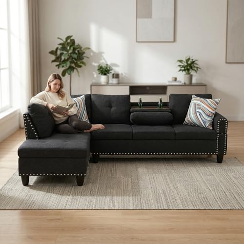 Image of L-Shaped Sectional Sofa, Modern 4-Seat Couch with Built-in Cup Holders, Upholstered Fabric Sectional Couch with Left Facing Chaise for Living Room, Apartment, Office, Black Gray