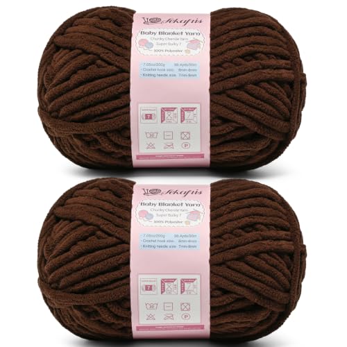 Image of 2 Pack Coffee 14.1 oz /196.8 yds Chunky Chenille Yarn for Crocheting, #7 Super Bulky Baby Blanket Yarn for Crocheting Soft, Fluffy Velvet Yarn for Knitting, Amigurumi Crochet Yarn for Crafts