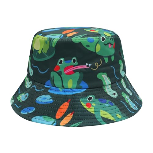 ZLYC Unisex Cute Print Bucket Hat Summer Travel Fisherman Cap for Women Men Teens (Frog Pond Green)