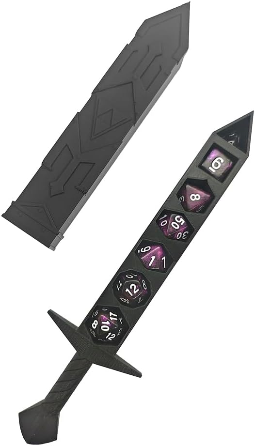Black Sword with Scabbard Dice Holder, with 7 Polyhedral Glitter Dice Set (Black&Purple Glitter)