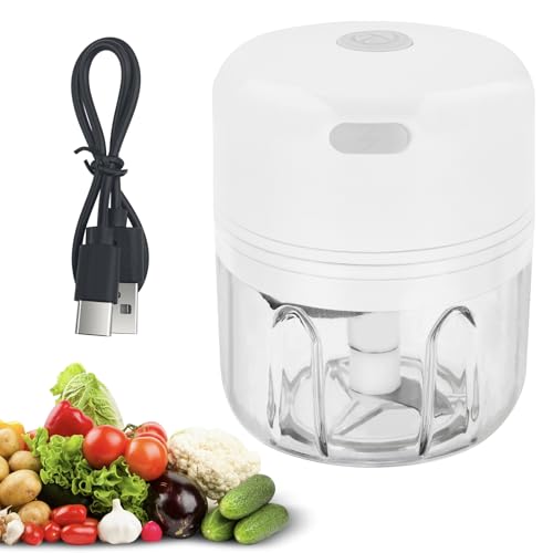 Baxcdyswe Hachoir Électrique 250 ml, Mixeur Hachoir Rechargeable USB, Portable Mini Coupe Legumes avec 3 Lames en Acier Inoxydable pour Oignon, Ail, Viande,...