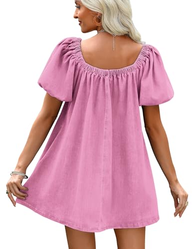 Image of Women Denim Dress Puff Short Sleeve Square Neck Jean Dress 2026 | Two Side Pockets, Babydoll Mini Dress, Stretchy Breathable Fabric, Casual Daily Outfits, Western Counrty Concert Outfits