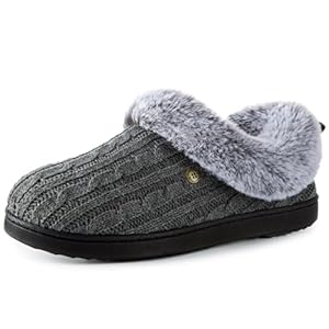 HomeTop Women’s Cable Knit Slippers Breathable Warm Comfy Non-slip Indoor Outdoor House Shoes with Fuzzy Collar