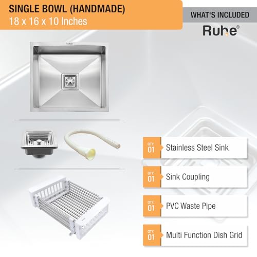 Image of Ruhe Handmade Exclusive Single Bowl 18x16 x10 inches Kitchen Sink | Premium Stainless Steel Single Bowl Kitchen Sink | with Brushed Matte Finish Including Strainer-Basket /Sink Coupling /Waste Pipe