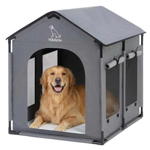 YOUGYM XL Insulated Dog House Indoor Dog Tent for Large Dogs with Plush Cushion Sturdy PVC Frame Mesh Windows & Tear-Resistant Oxford Fabric 34x27x34in Gray