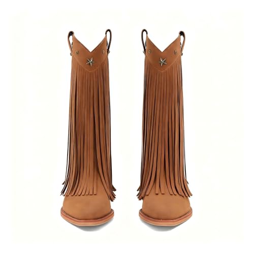 Image of Fringe Cowboy Boots for Women Mid Calf Cowgirl Boots with Star Studded Pointed Toe Pull on Chunky Heel Western Boots