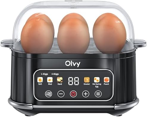 Olvy Elektrischer Eierkocher LCD Timer Exakter Härtegrad | 1 Set | 6 Eier Schwarz | Frühstück & Meal-Prep | Spülmaschinenfest | Elektrischer Eierkocher Dampfgarer