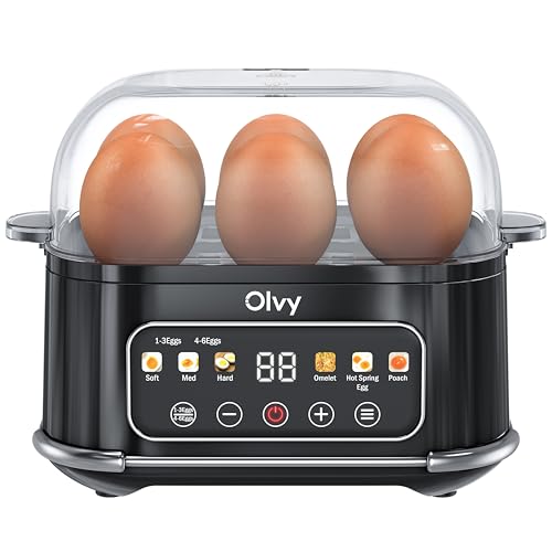Olvy 6 w 1 elektryczny jajowar z timerem LCD - 6-jajowy podgrzewacz wody i parowar - automatyczne wyłączanie - części nadające się do mycia w zmywarce - wraz z miarką