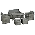Outsunny 6 Piece Patio Dining Set, PE Rattan Furniture Set with 2 Chairs Cushions & Outdoor Loveseat Sofa, Woodgrain Slatted Dinner Table, Gray