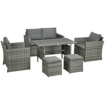Outsunny 6 Piece Patio Dining Set, PE Rattan Furniture Set with 2 Chairs Cushions & Outdoor Loveseat Sofa, Woodgrain Slatted Dinner Table, Gray