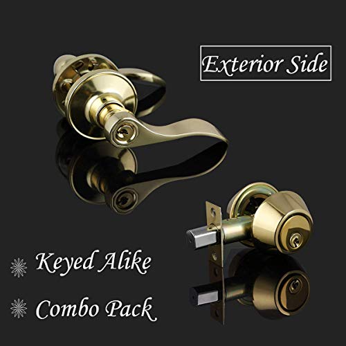 Keyed Alike Front Door Entry Lever With Double Cylinder Deadbolts,Polished Brass,Exterior Entrance Lever Door Handle,Wave Shape Door Lock Gold,Interior Door Handle Set For Front/Back Gate #TOP1