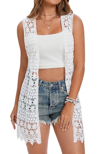 GLEAMISS Women's Crochet Floral Vest Lace Trim Boho Sleeveless Cardigan