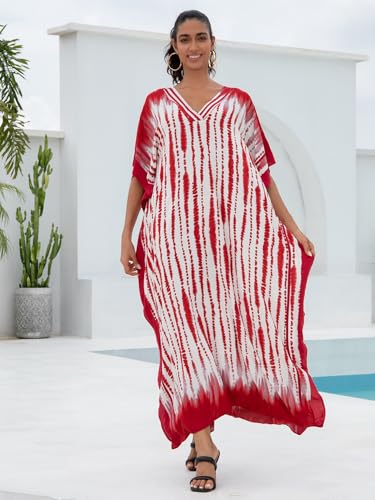 Image of KECVOT Kaftan Dresses for Women V-Neck Print Swimsuit Cover Up Plus Size Beach Caftan Lounge Dress