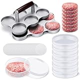 Reallnaive Mini Burger Press with 200 Patty Papers and 6 Storage Containers 6 Slots Meat Sausage Patty Maker Paper Sheets Set for Small Burger Barbecue, Make 6 Pieces at Once