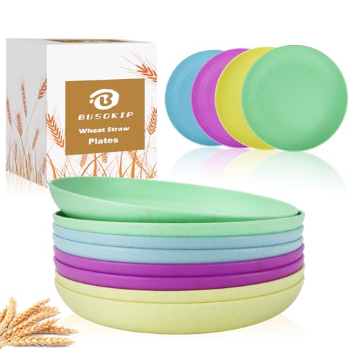 BUSOKIP Deep Dinner Plates Set of 8, Unbreakable Lightweight Wheat Straw Plate 9 Inch, Dishwasher and Microwave Safe Plastic Plates Reusable for Party, Camping with 4 Colors - Memphis Series