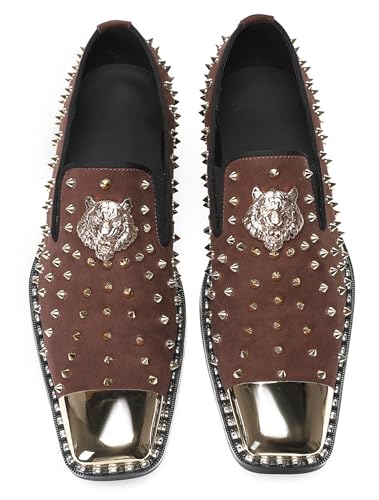Santimon Men's Slip On Western Wedding Loafers - Gold Glitter Rhinestone Suede Shoes with Metal Square Toe for Party Disco Ballroom3