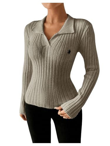 SHENHE Women's Ribbed Knit Pullover Sweater Long Sleeve Collared Basic Sweater Knitwear3