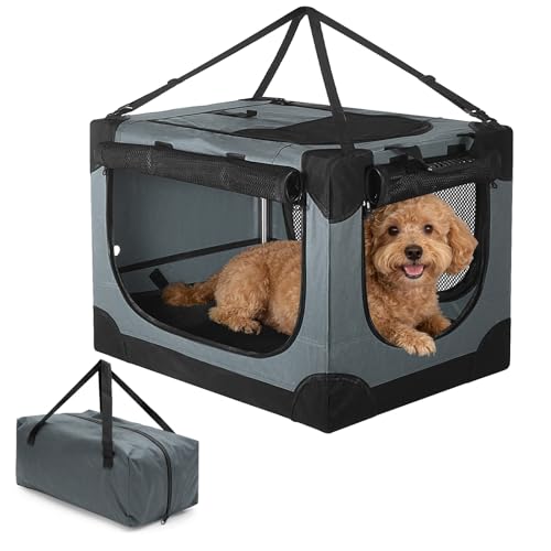 24 inch Small Dog Crate - for Small Dogs, Portable Travel Pet Crate with 4 Mesh Doors, Foldable Car Kennel for Puppy with Handle for Indoor and Outdoor, Gray by Unidevice - Used condition - US$47.31