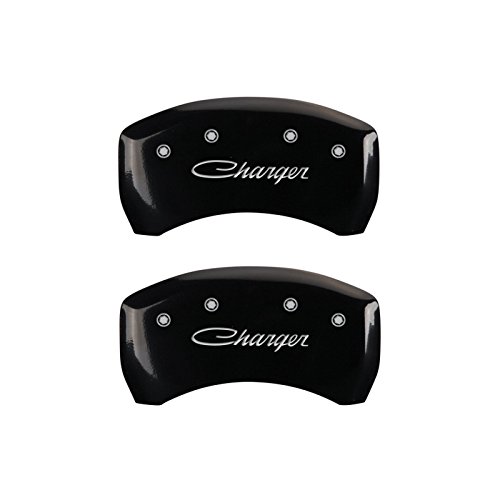 Image of MGP Caliper Covers - Brake Caliper Covers for 2011-2023 Dodge Challenger & 2011-2023 Dodge Charger (Requires Dual Piston Front Caliper) Front and Rear Set (Black, Cursive Charger)