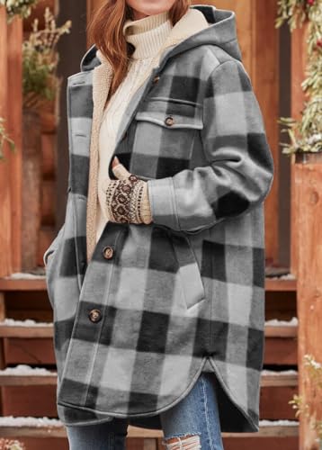 Danedvi Womens Long Flannel Shirts Jackets Casual Hooded Button Down Plaid Coat Fall Long Sleeve Shacket with Pockets2