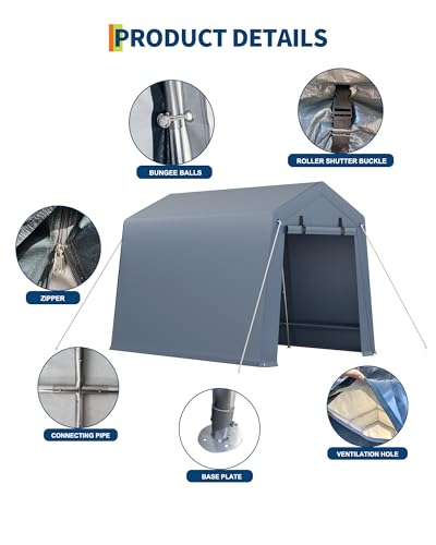 7 Ft x 10 Ft Outdoor Storage Shed, Heavy Duty Portable Garage Shelter with Roll-Up Zipper Door, Waterproof Carport for Motorcycle, Bike, Car, Tools, Firewood, Lawn Equipment, Ventilated Windows,Grey