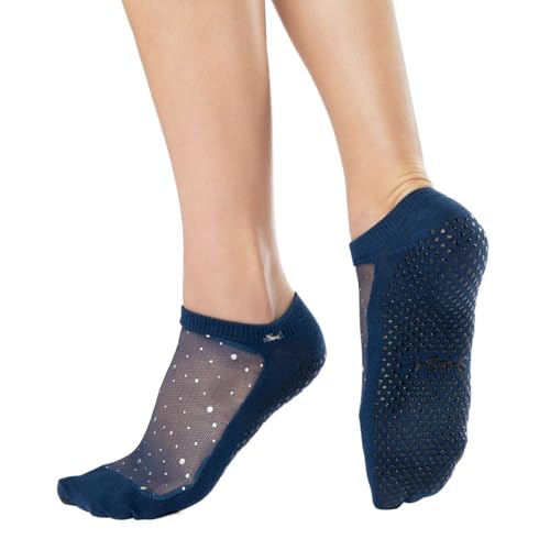 SHASHI Star Mesh Socks for Women â€“ Sparkly, Full-Coverage Non Slip Socks for Barre, Yoga and More â€“ Star Glitter Navy â€“ Medium
