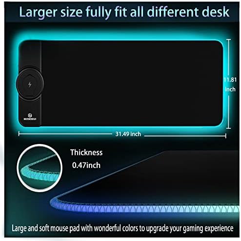 Wireless Charging RGB Gaming Mouse Mat 15W With Stand,31.5"X11.8" 10 Lighting Modes LED Mouse Mat Non-Slip Rubber Base Large Mousepad for Home&Office Support Qi Fast Charging for Mobile Phone(Black)