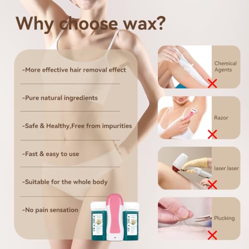 Image of Roll On Wax kit, Wax Roller Kit for Hair Removal with 2 Chamomile Soft Wax Cartridge, 100 Non-Woven Wax Strips & 10 Wipes, Sensitive Skin Roll on Waxing Kit for Women