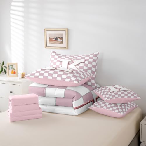 Image of Erosebridal Pink Initial K Queen Bedding Set 7 Piece Kawaii Plaid Checkered Bed in A Bag with Sheets Cute Personalized Monogram Comforter Set for Kids Girls Teen Women,Fashion Grids Gingham Bed Sets