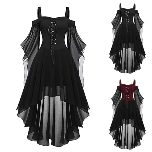Generisch Juegos de solanáceas: vestido gótico medieval. Color burdeos aterciopelado, hombros descubiertos, mangas de murciélago, escote de encaje que envuelve misticismo. Vestido de noche de
