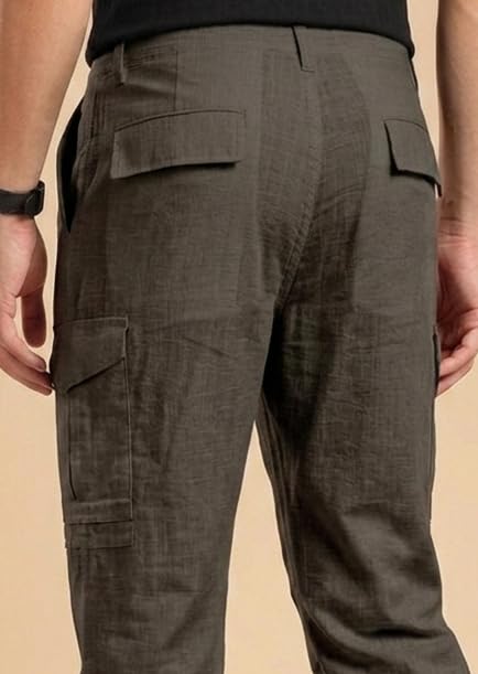 Image of Vogaan Men Cotton Linen Blend Cargo Pants | Mid Rise Regular Fit Casual Trousers | Multi Pocket Utility Bottom Wear | Comfortable Breathable Fabric Travel Outdoor Styling
