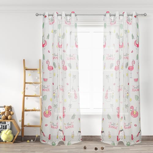 HOMEYA - Cortina Infantil tranparente 2 unidades de 140 x 260 cm - Visillo jovenil con diseño Flamenco para Habitacion de niños. 100% Poliester