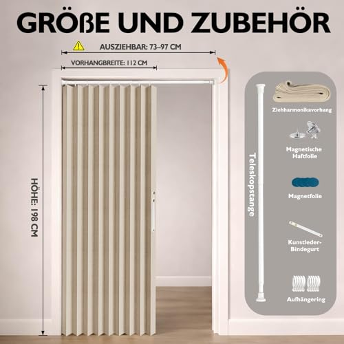 Jilron Komplettset Türvorhang Blickdicht mit Stange – Magnetverschluss für einfache Installation ohne Bohren(Creme-H198 x B106 cm) 1er-Pack