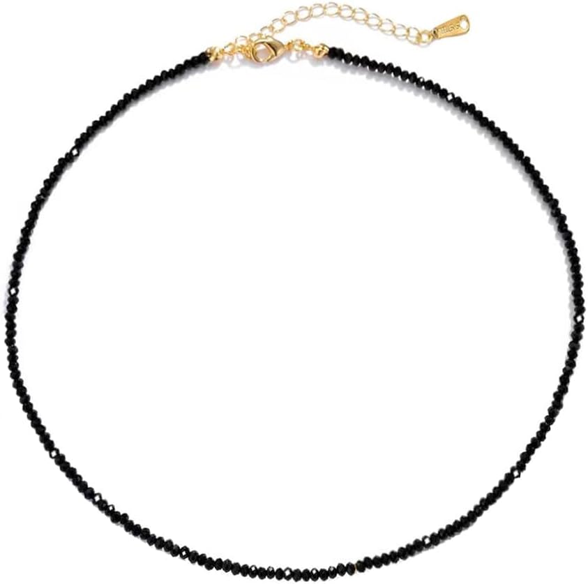 Dainty Black Spinel Beaded Choker Necklace for Women Trendy Natural Shiny 3mm Black Agate Crystal Stone Necklace 18k Gold Plated Chain Adjustable Cute Necklace Jewelry for Teen Girls Gifts