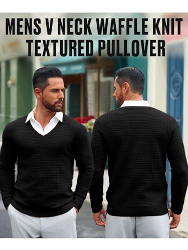Yousify Mens V Neck Pullover Sweater Waffle Knit Casual Textured Pullover Long Sleeve Slim Fit Fall Sweaters4