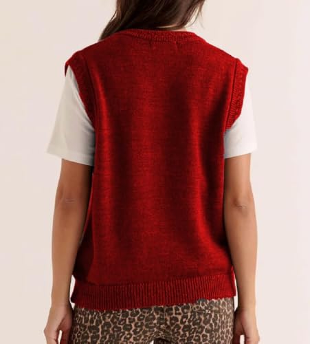 Image of Women Christmas Knit Vest Top Santa Embroidery Sleeveless Button Down Sweater Vest Xmas Snowman Cardigans Tank Top