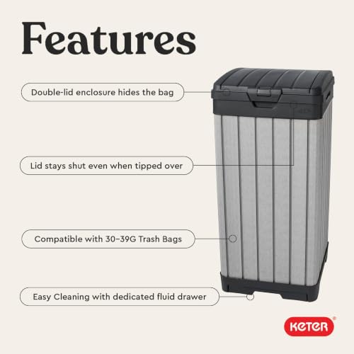 Image of Keter Rockford Resin 38 Gallon Outdoor Kitchen Trash Can with Lid and Drip Tray for Easy Cleaning-Perfect for Patio Dining, Grey