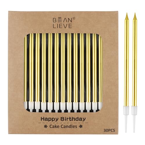 BEAN LIEVE 30-Count Gold Long Thin Metallic Birthday Candles Cake Candles Birthday Parties Wedding Decorations Party Candles Cake Decorations