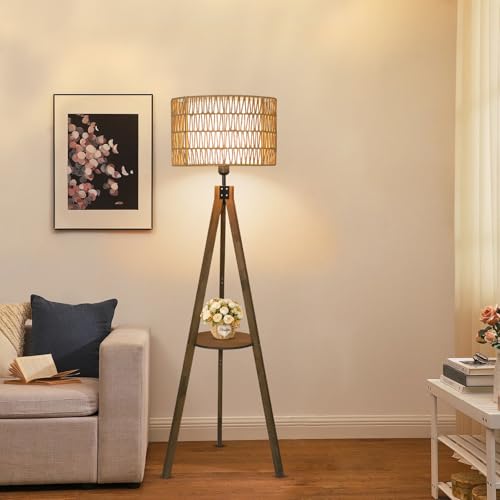 Image of LAMSU Boho Tripod Floor Lamps for Living Room, Rattan Wood Floor Lamp with Fabric Shades, Mid Century Standing Lamp with Shelf, Foot Switch, Modern Farmhouse Tall Lamps for Bedroom Office Brown