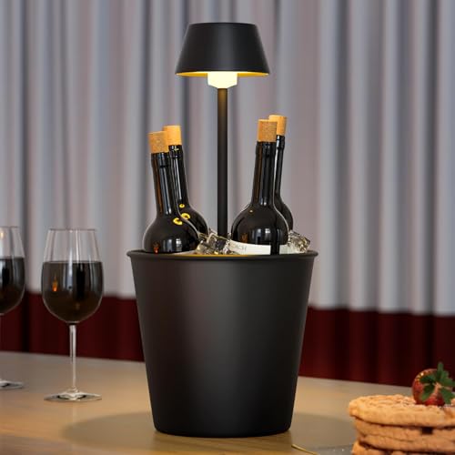 FUYO Secchiello per ghiaccio a LED con luce calda – Lampada da tavolo e radiatore 2 in 1, resistente agli spruzzi d'acqua per champagne/vino/bevande per feste, casa/bar (3L)